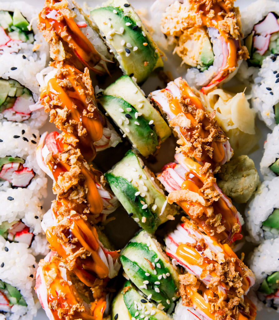 Close up of rows of sushi